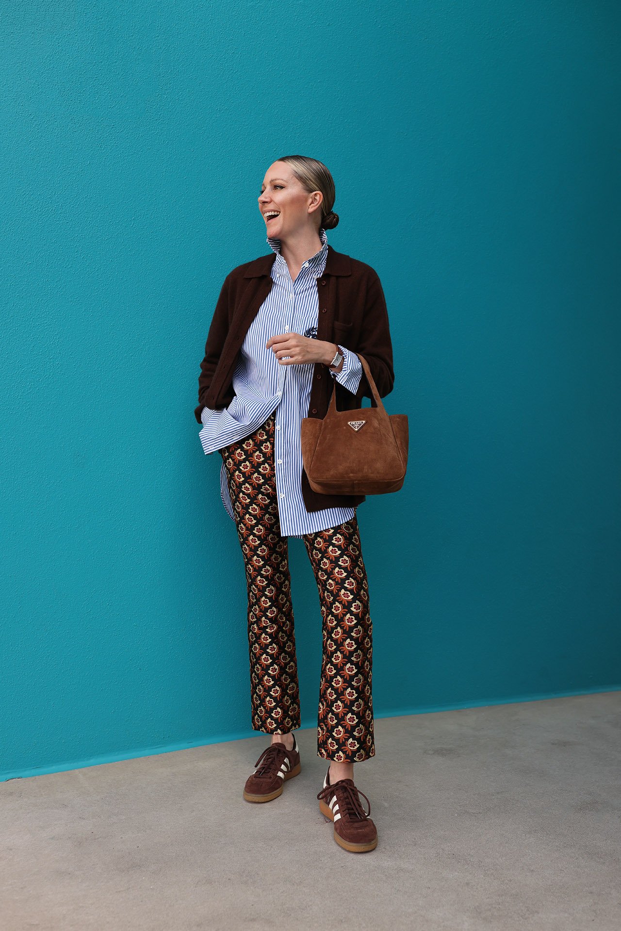 BER52331_1 cardigan outfit of the day, collared cardigan, la double j pant, adidas outfit, prada suede tote