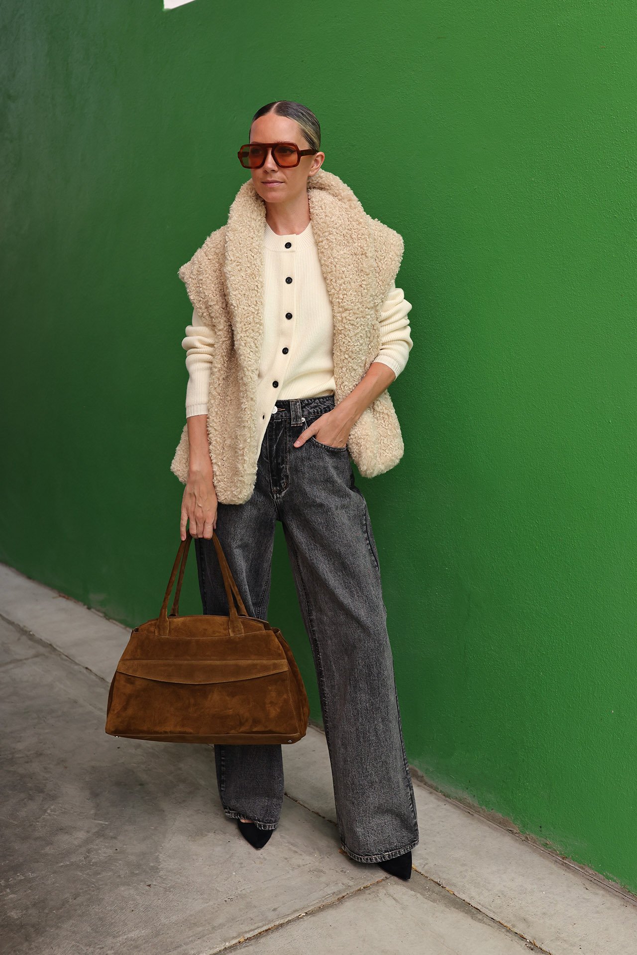 BER58037_2 cardigan what to wear, baggy denim outfit, what to wear casual winter, tuckernuck vest, cream and black look, layering outfit of the day